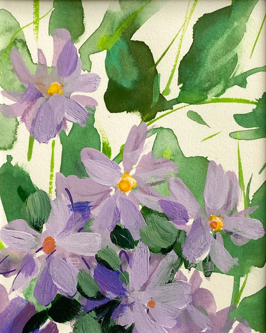 Artistic depiction of purple flowers with green leaves on a light background
