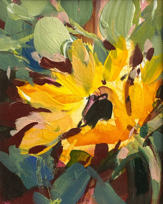 Colorful abstract painting of a vibrant yellow sunflower with green leaves.
