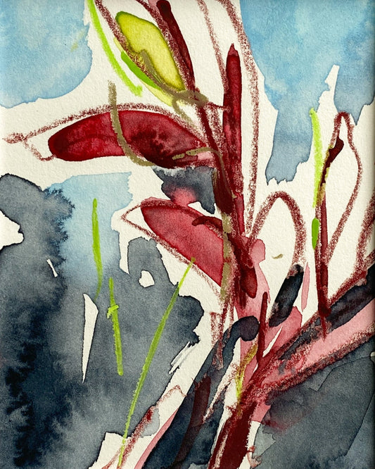 Abstract plant artwork with red and green elements on a blue and white background