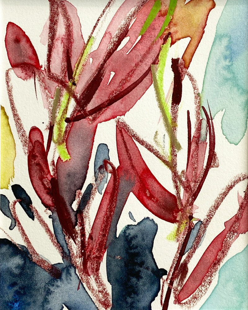 Abstract watercolor painting with red, blue, and green abstract leaf shapes on a white background