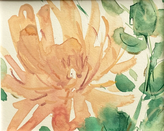 Watercolor painting of a flower with green leaves on a light background