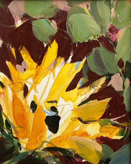 Artistic depiction of a yellow sunflower with green leaves and pink accents