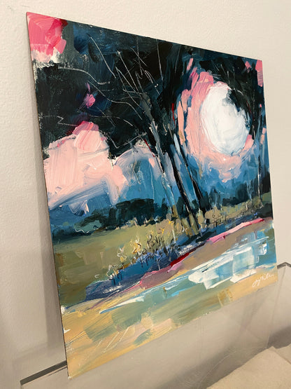 Abstract landscape painting against a light background