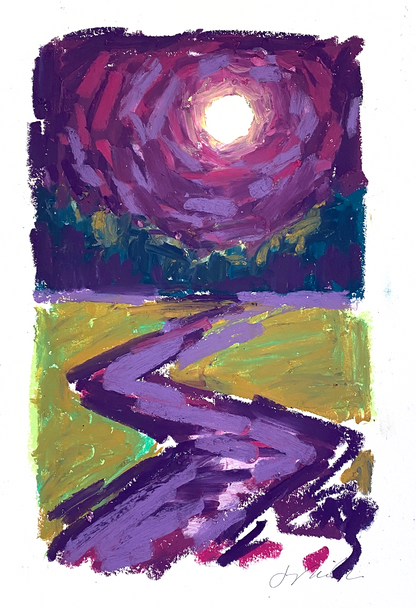 Abstract landscape in oil pastel, pink purple, and green, moonlit sky over pathway