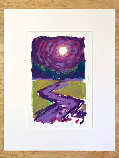 Abstract landscape in oil pastel, matted in white