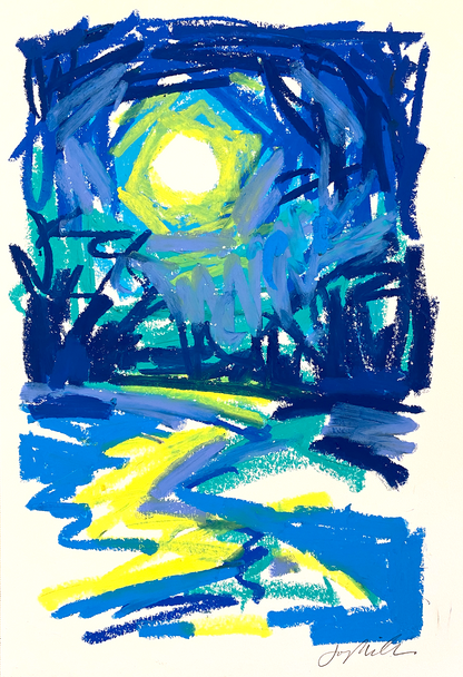 Abstract landscape in oil pastel, blue and yellow