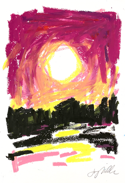 Abstract landscape in oil pastel, pink and yellow sky over dark tree line