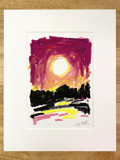 Abstract landscape in oil pastel, matted in white