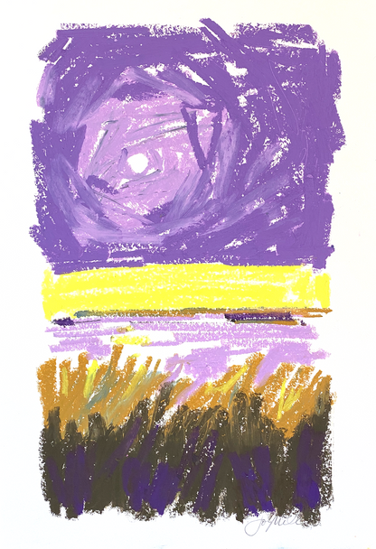 Abstract landscape in oil pastel, violet and yellow sky with golden grasses in foreground