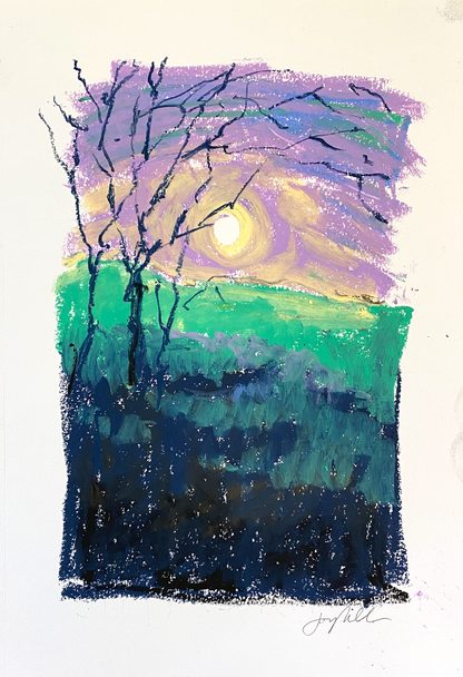 Abstract landscape in oil pastel, violet sky with green field and trees