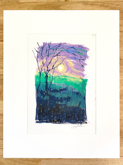 Abstract landscape in oil pastel, matted in white