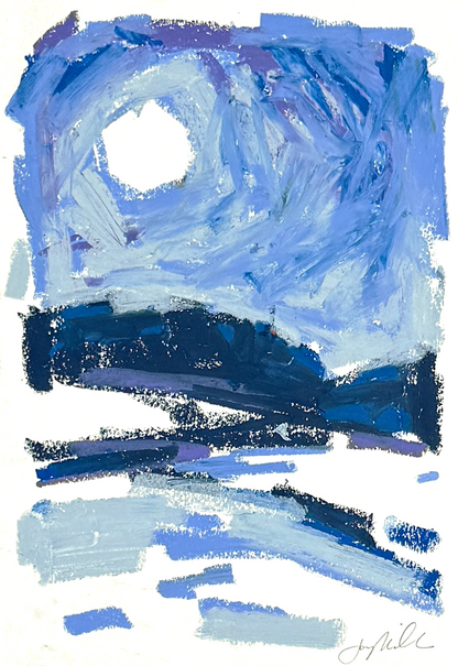 Abstract landscape in oil pastel, blue sky over snowy hills