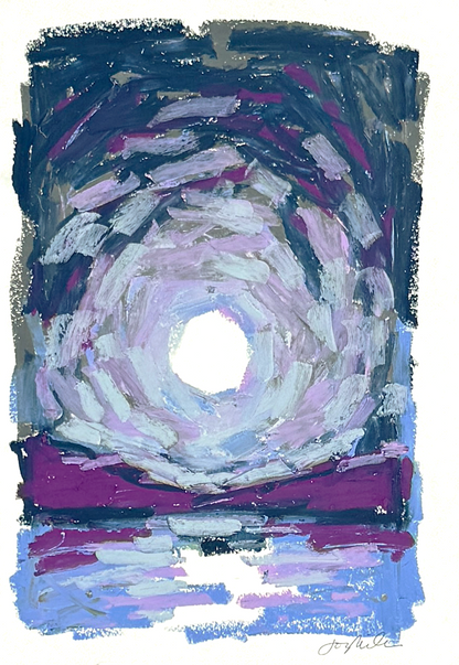 Abstract landscape in oil pastel, dark sky over water