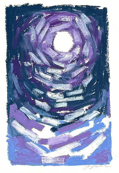 Abstract landscape in oil pastel, blue and violet sky with moon