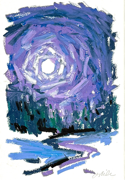 Abstract landscape in oil pastel, purple and blue sky and pathway