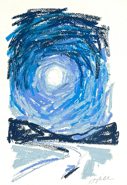 Abstract landscape in oil pastel, blue sky and pathway