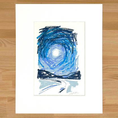 Abstract landscape in oil pastel, matted in white