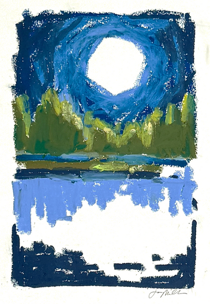Abstract landscape in oil pastel, sky with moon over water
