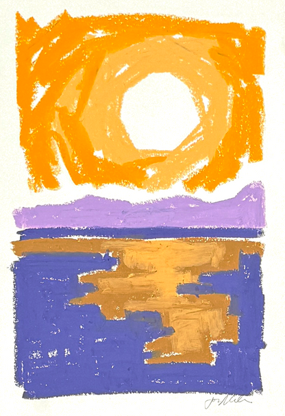 Abstract landscape in oil pastel, golden sky, violet ground