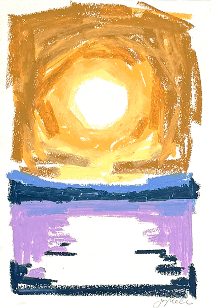 Abstract landscape in oil pastel, golden sky over lavender and blue water