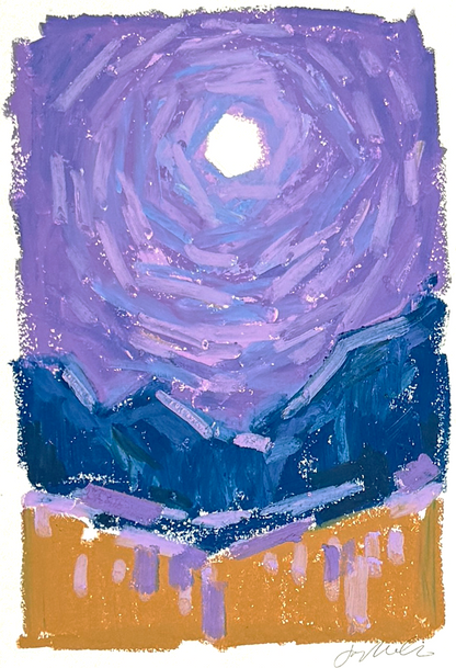 Abstract landscape in oil pastel, lavender sky with moon over blue hills and field