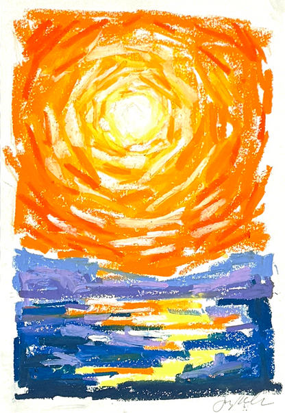 Abstract landscape in oil pastel, orange sky reflecting on water