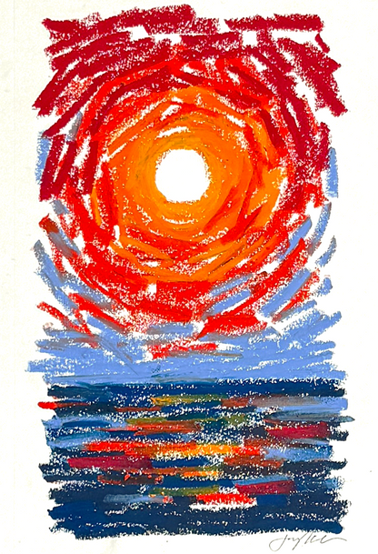 Abstract landscape in oil pastel, sun in sky over water, reds, oranges, and blues