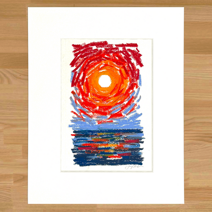 Abstract landscape in oil pastel, matted in white, sun over water