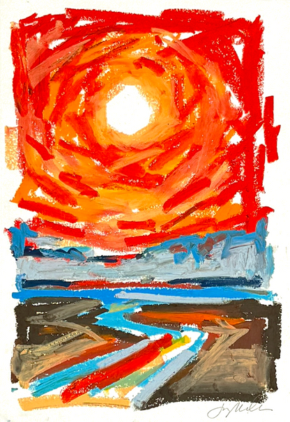 Abstract landscape in oil pastel, orange sky with pathway 