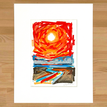 Abstract landscape in oil pastel, matted in white