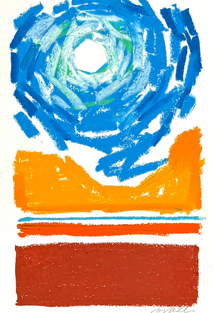 Abstract landscape in oil pastel, blue sky and red hills