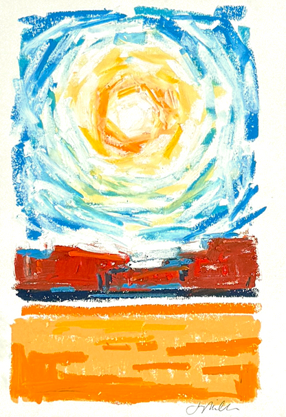 Abstract landscape in oil pastel, sunny sky and warm hills