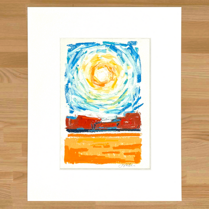 Abstract landscape in oil pastel, matted in white