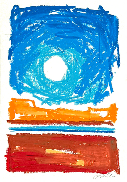 Abstract landscape in oil pastel, blue sky and orange hills