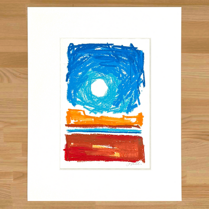 Abstract landscape in oil pastel, matted in white