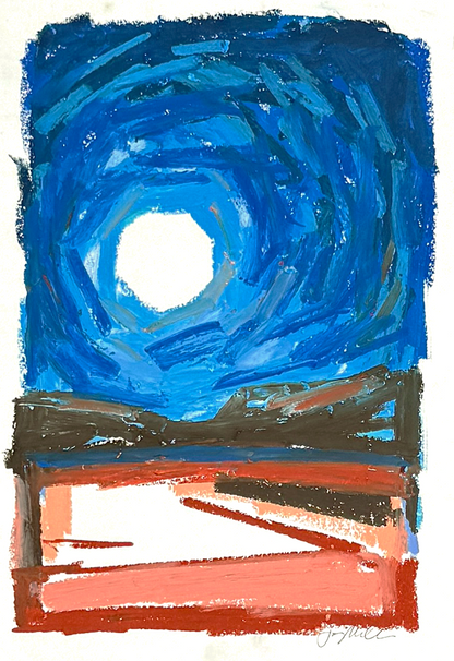 Abstract landscape in oil pastel, moon and hills, blues and browns