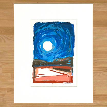 Abstract landscape in oil pastel, matted in white