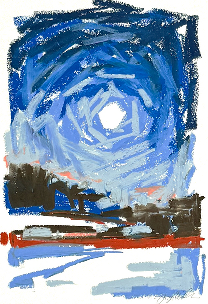 Abstract landscape in oil pastel, moon and tree lines, blues and browns