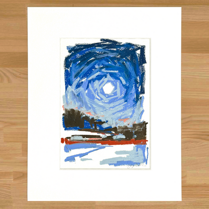 Abstract landscape in oil pastel, matted in white