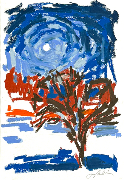 Abstract landscape in oil pastel, tree and moon, blues and browns