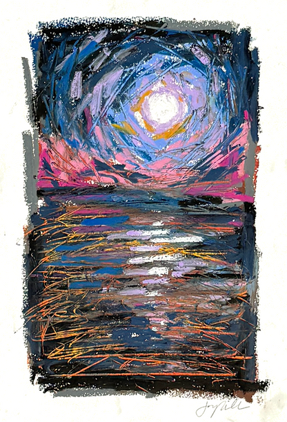 Abstract landscape in oil pastel, multi-colored, moon reflecting on water