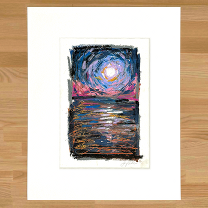 Abstract landscape in oil pastel, matted in white