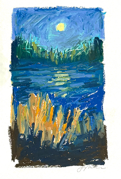 Original oil pastel painting of a night scene with a moonlit lake and trees.