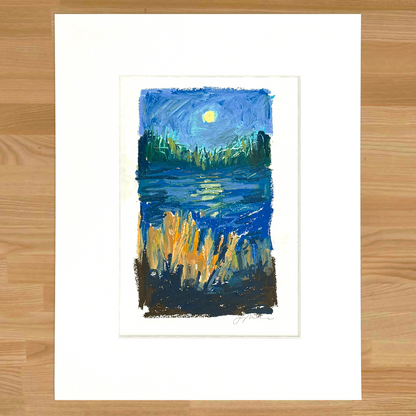 Abstract landscape in oil pastel, matted in white