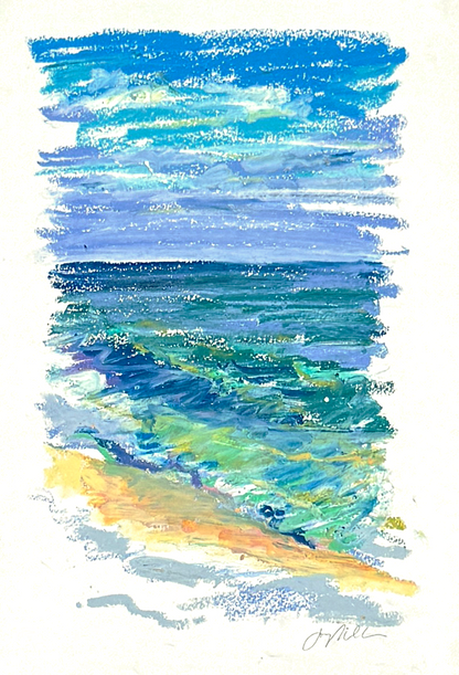 Abstract beach seascape in oil pastel, cool tones