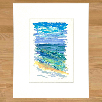Abstract seascape in oil pastel, matted in white