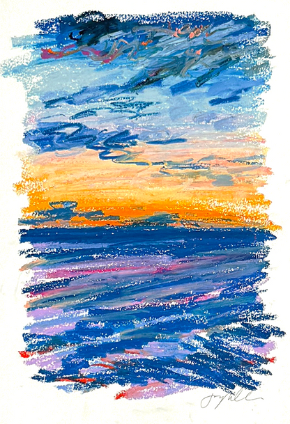 Abstract seascape in oil pastel, golden sunset with blue sky and water