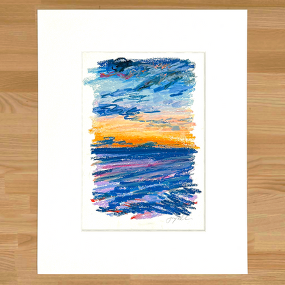 Abstract seascape in oil pastel, matted in white