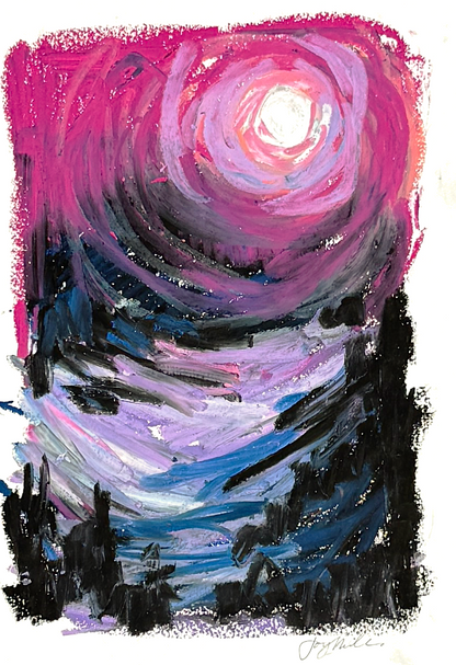 Abstract landscape in oil pastel, pinks, purple, blue, and black