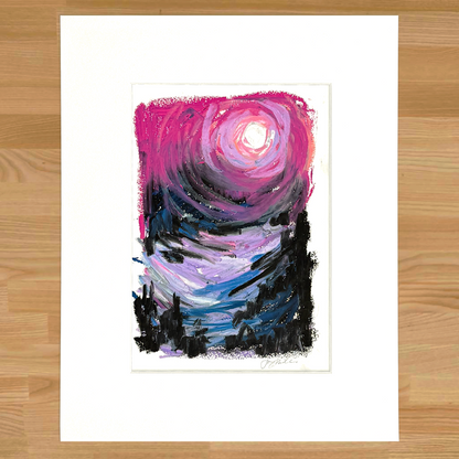 Abstract landscape in oil pastel, matted in white